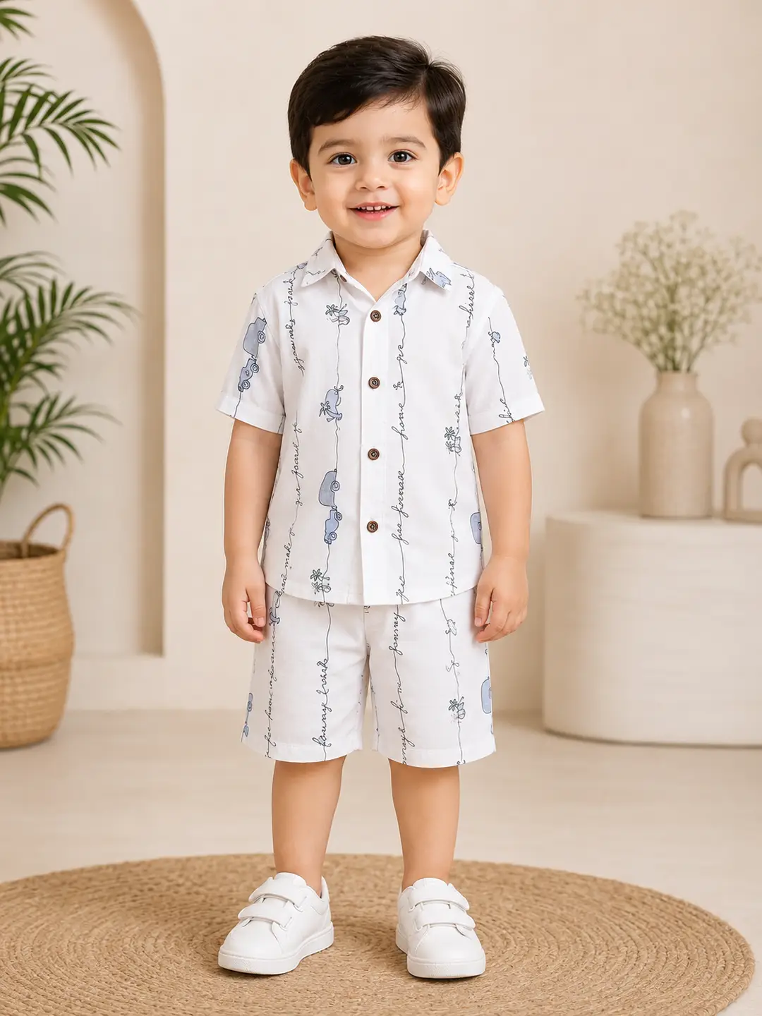 2 Pairs Boy's Cotton Lawn Printed Shirt And Shorts 2 Set