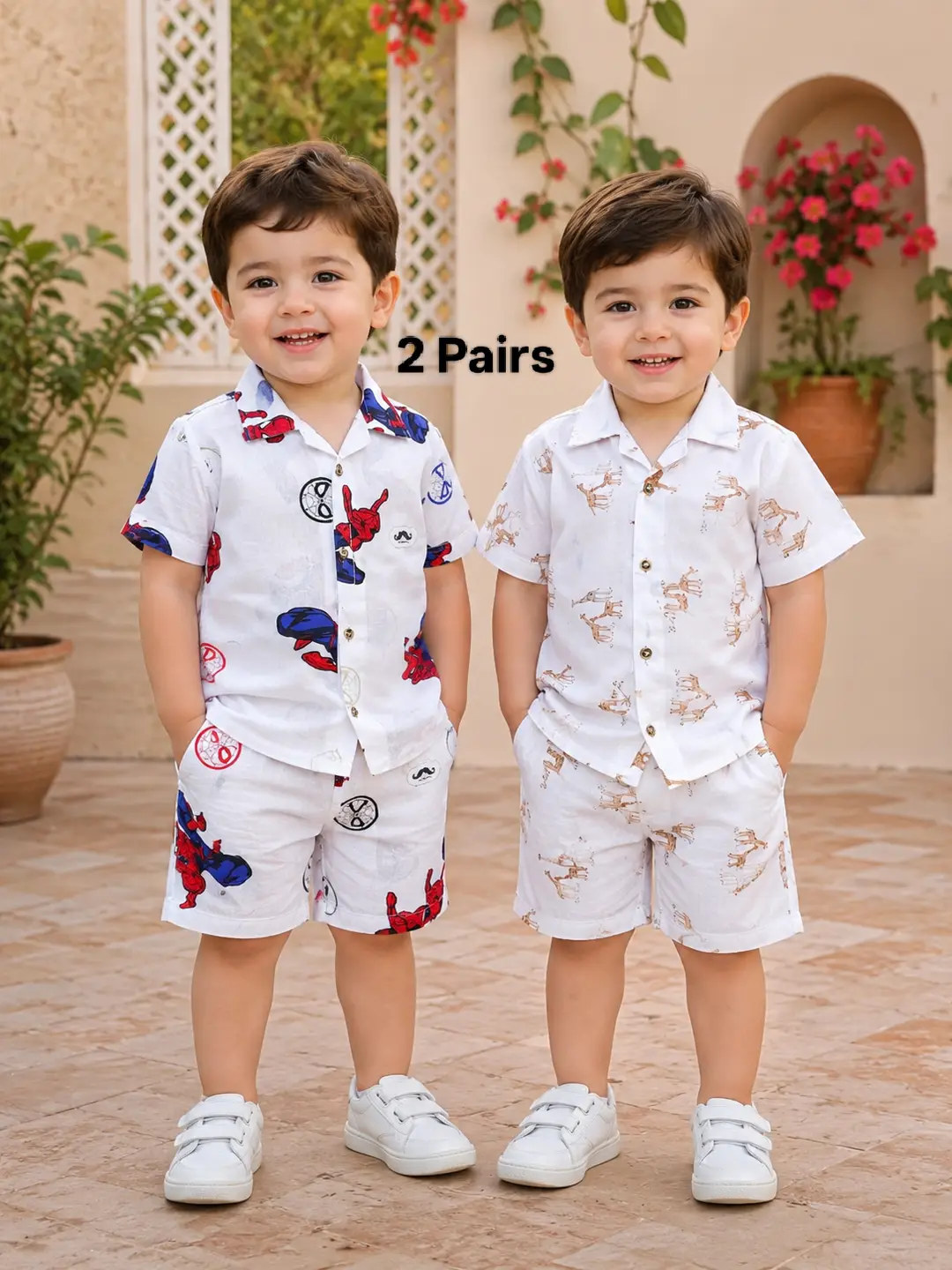 2 Pcs Boy's Cotton Lawn Printed Shirt And Shorts Set