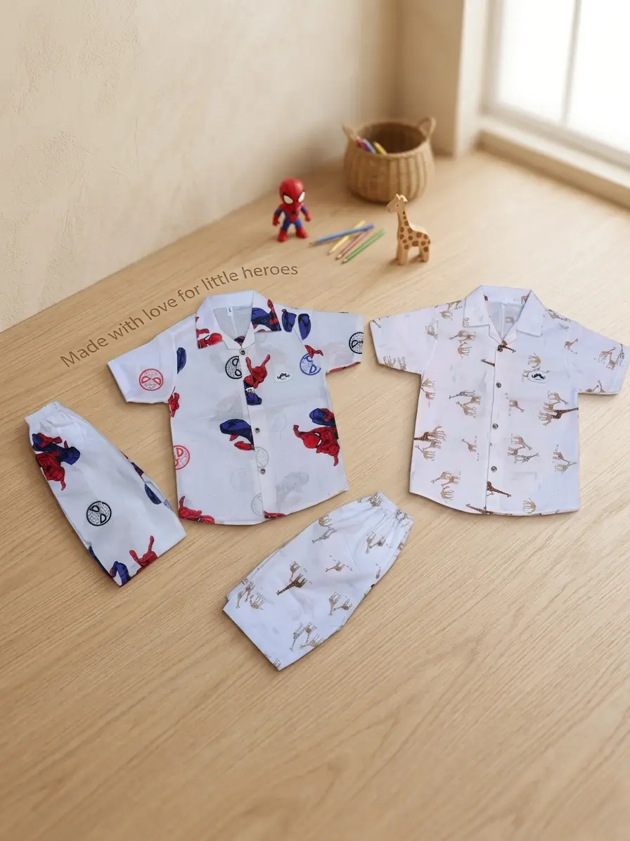 2 Pcs Boy's Cotton Lawn Printed Shirt And Shorts Set