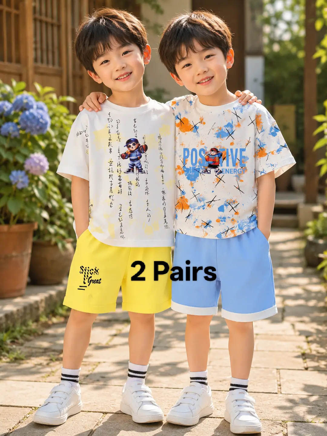 2 Pairs Boy's Cotton Jersey Printed Shirt And Shorts 2 Set