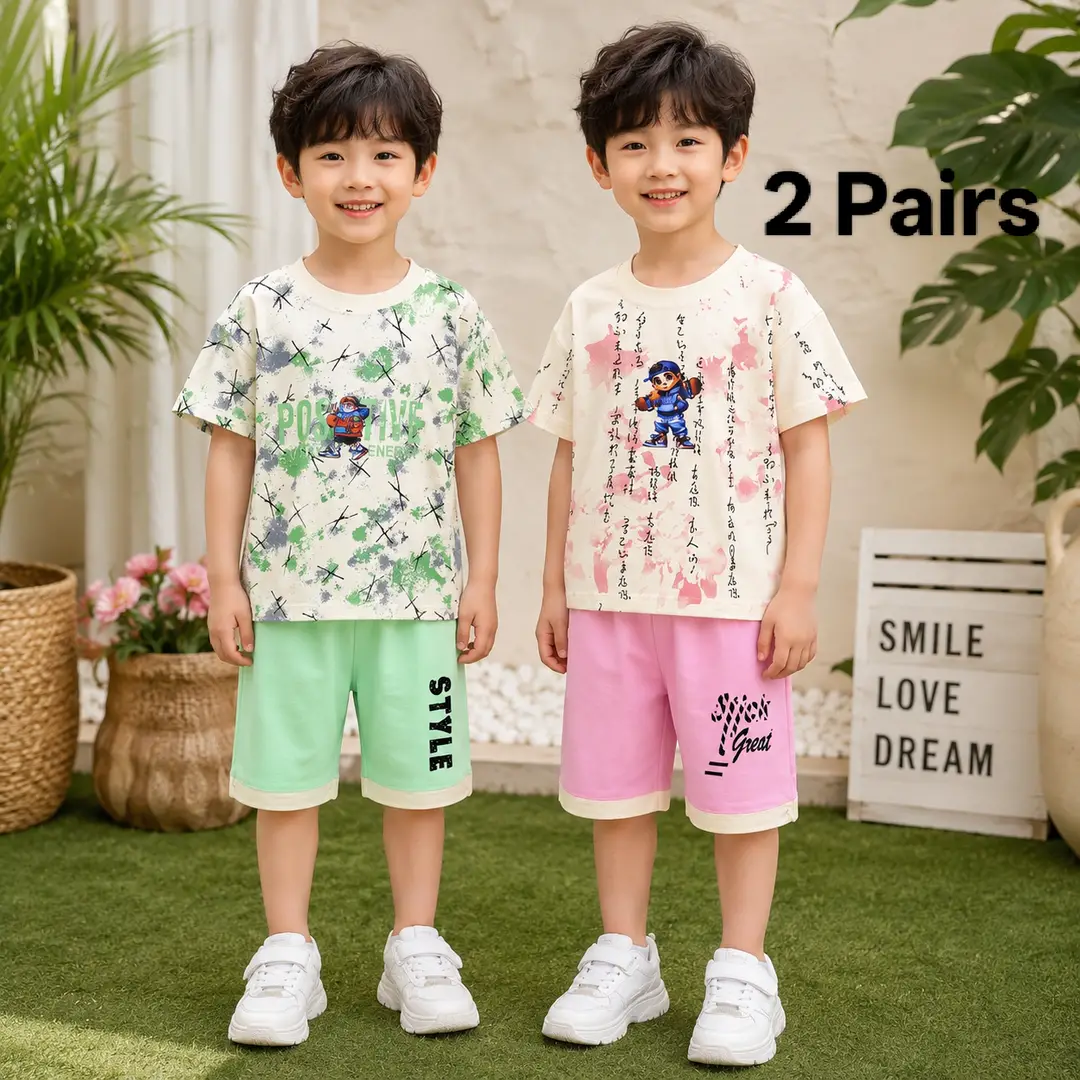 2 Pairs Boy's Cotton Jersey Printed Shirt And Shorts 2 Set