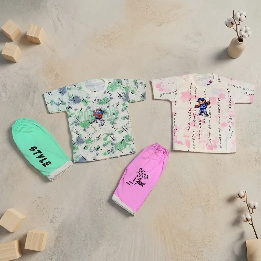 2 Pairs Boy's Cotton Jersey Printed Shirt And Shorts 2 Set