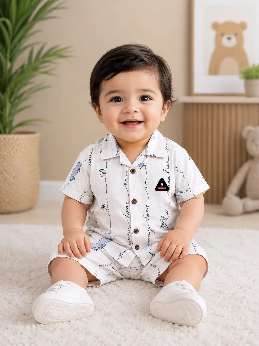 2 Pcs Boy's Cotton Lawn Printed Shirt And Shorts Set