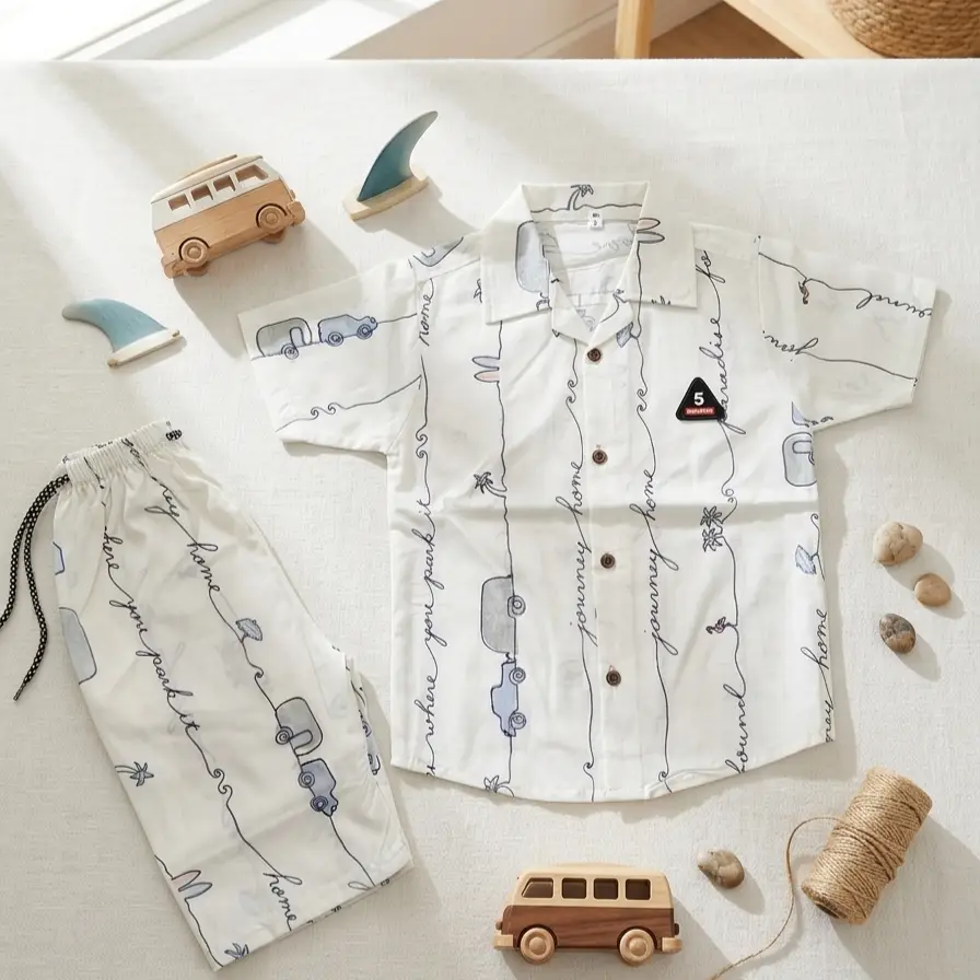 2 Pcs Boy's Cotton Lawn Printed Shirt And Shorts Set