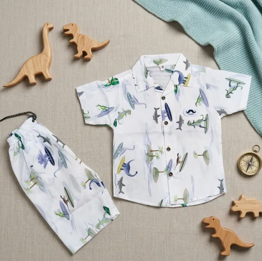 2 Pcs Boy's Cotton Lawn Printed Shirt And Shorts Set