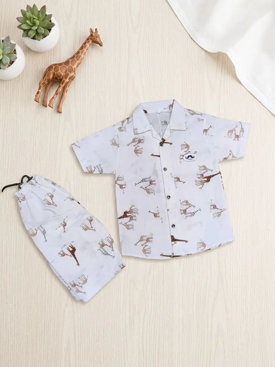 2 Pcs Boy's Cotton Lawn Printed Shirt And Shorts Set