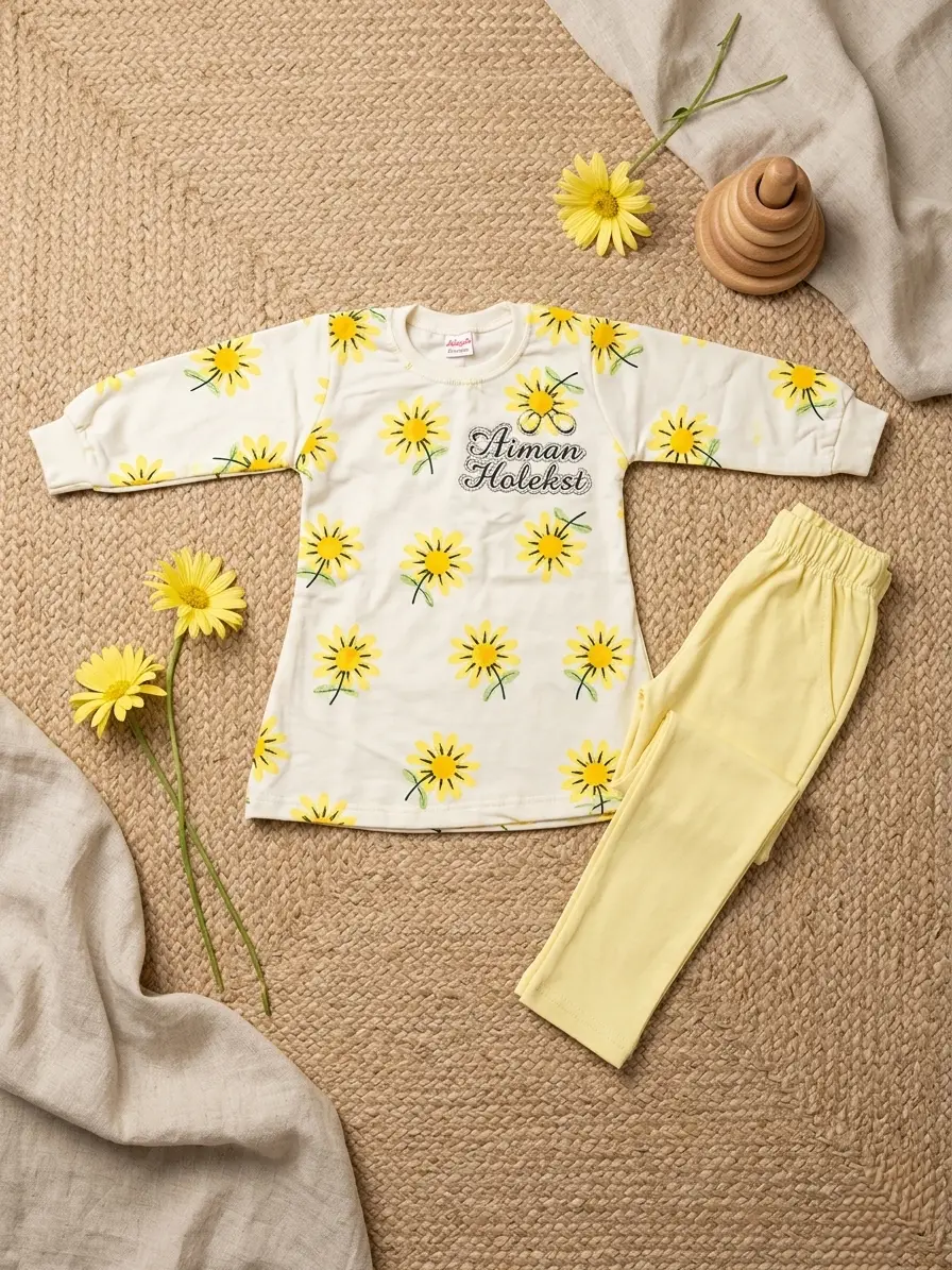 2 Pcs Girl's Printed Shirt And Trouser Set Summer Collection