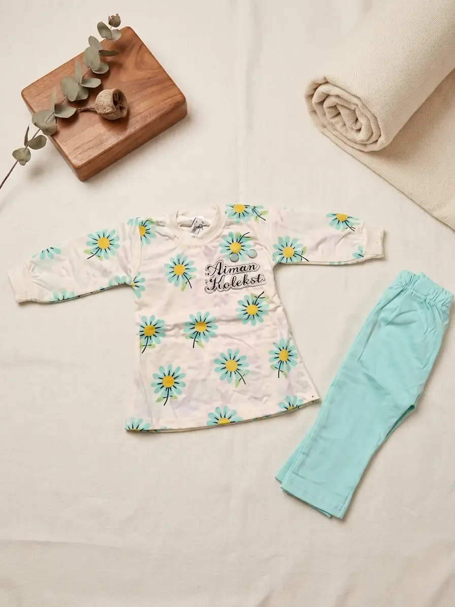 2 Pcs Girl's Printed Shirt And Trouser Set Summer Collection