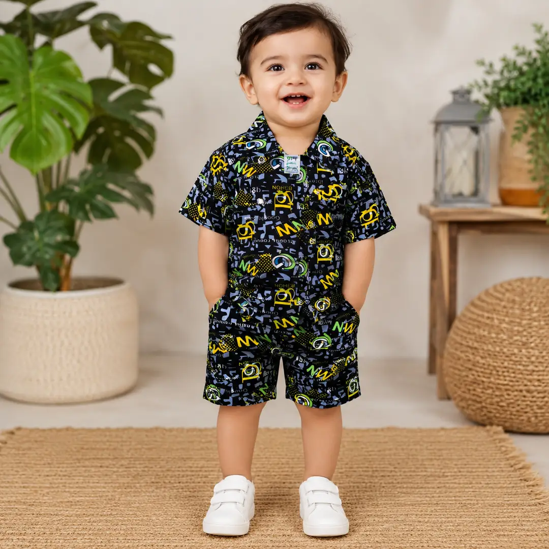 2 Pcs Boy's Dhanak Printed Shirt And Shorts Set