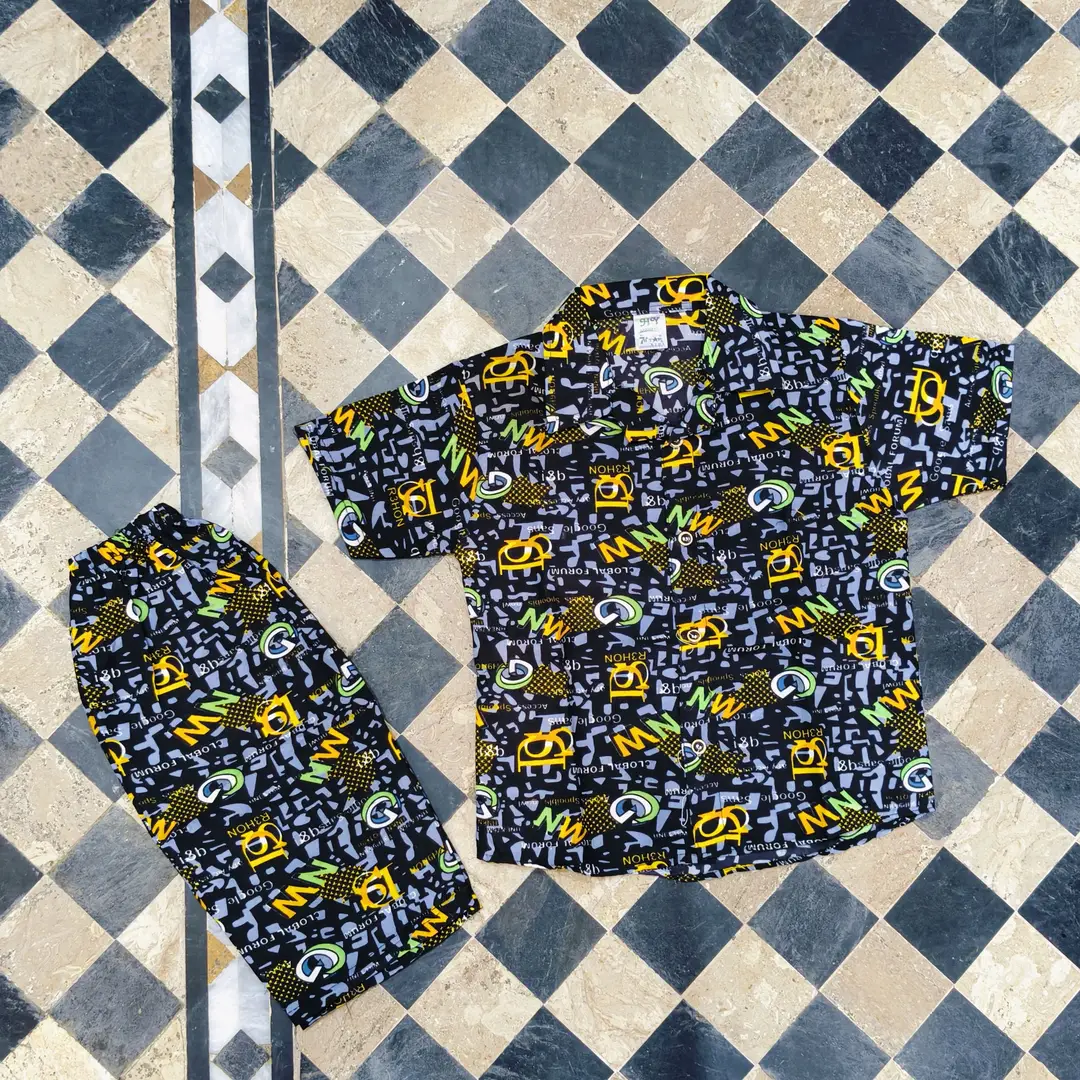 2 Pcs Boy's Dhanak Printed Shirt And Shorts Set