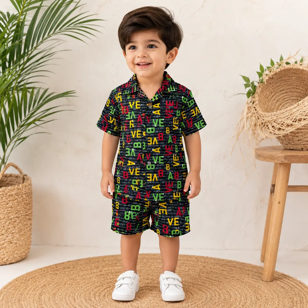 2 Pcs Boy's Dhanak Printed Shirt And Shorts Set