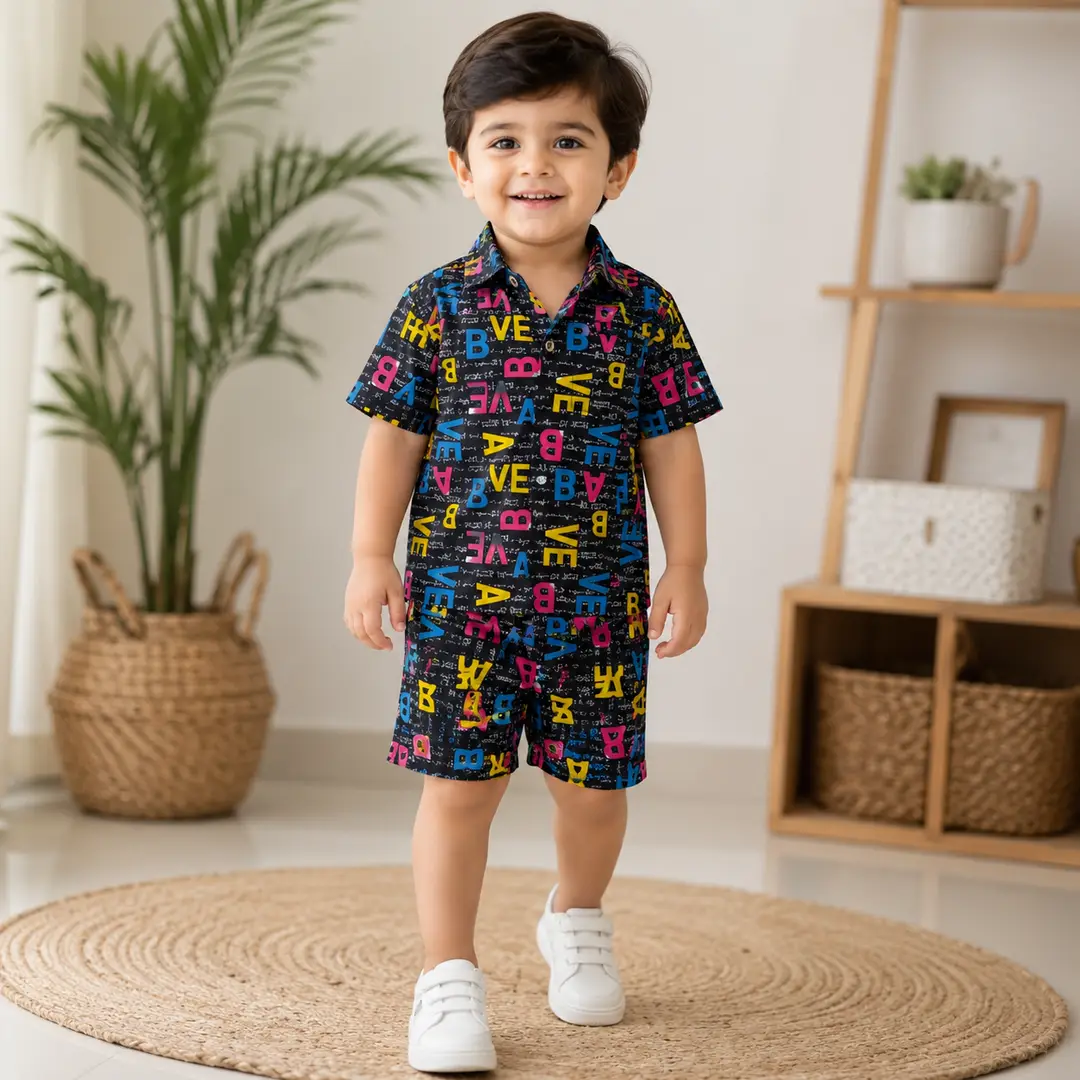 2 Pcs Boy's Dhanak Printed Shirt And Shorts Set