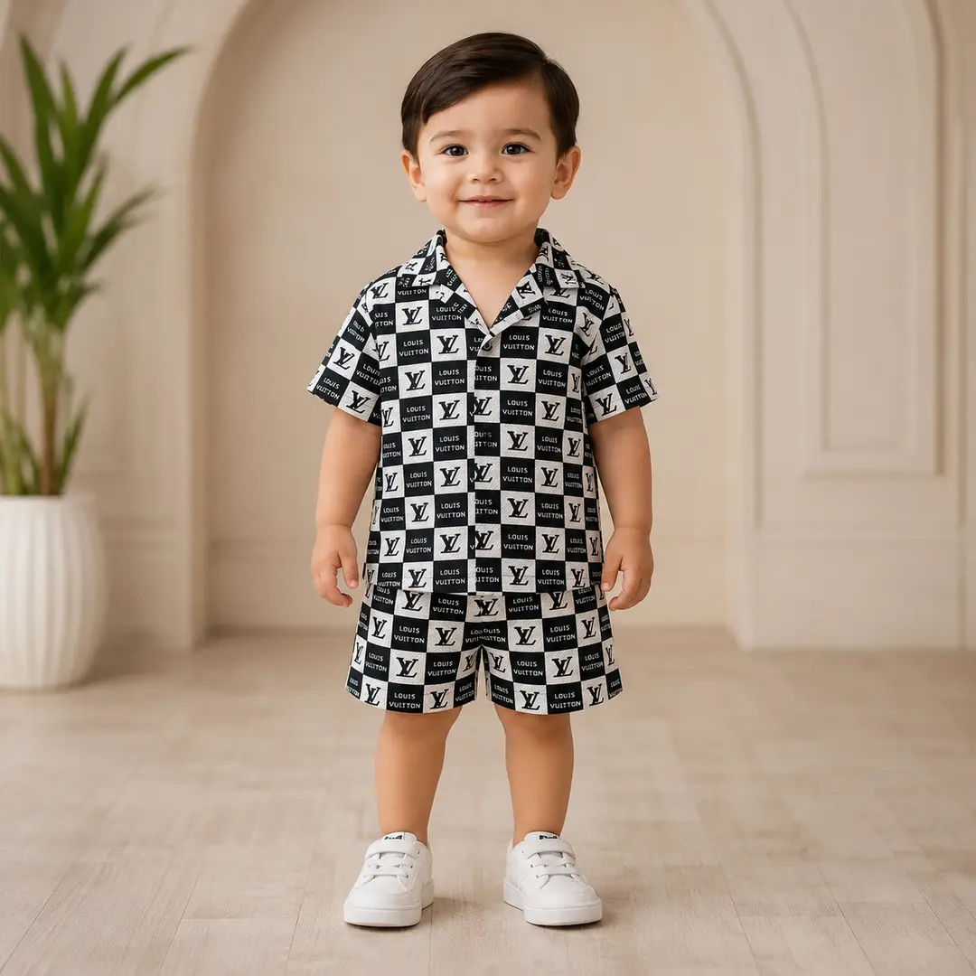 2 Pcs Boy's Cotton Lawn Printed Shirt And Shorts Set