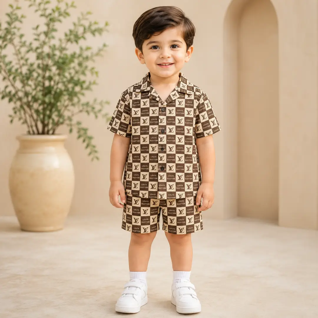 2 Pcs Boy's Cotton Lawn Printed Shirt And Shorts Set