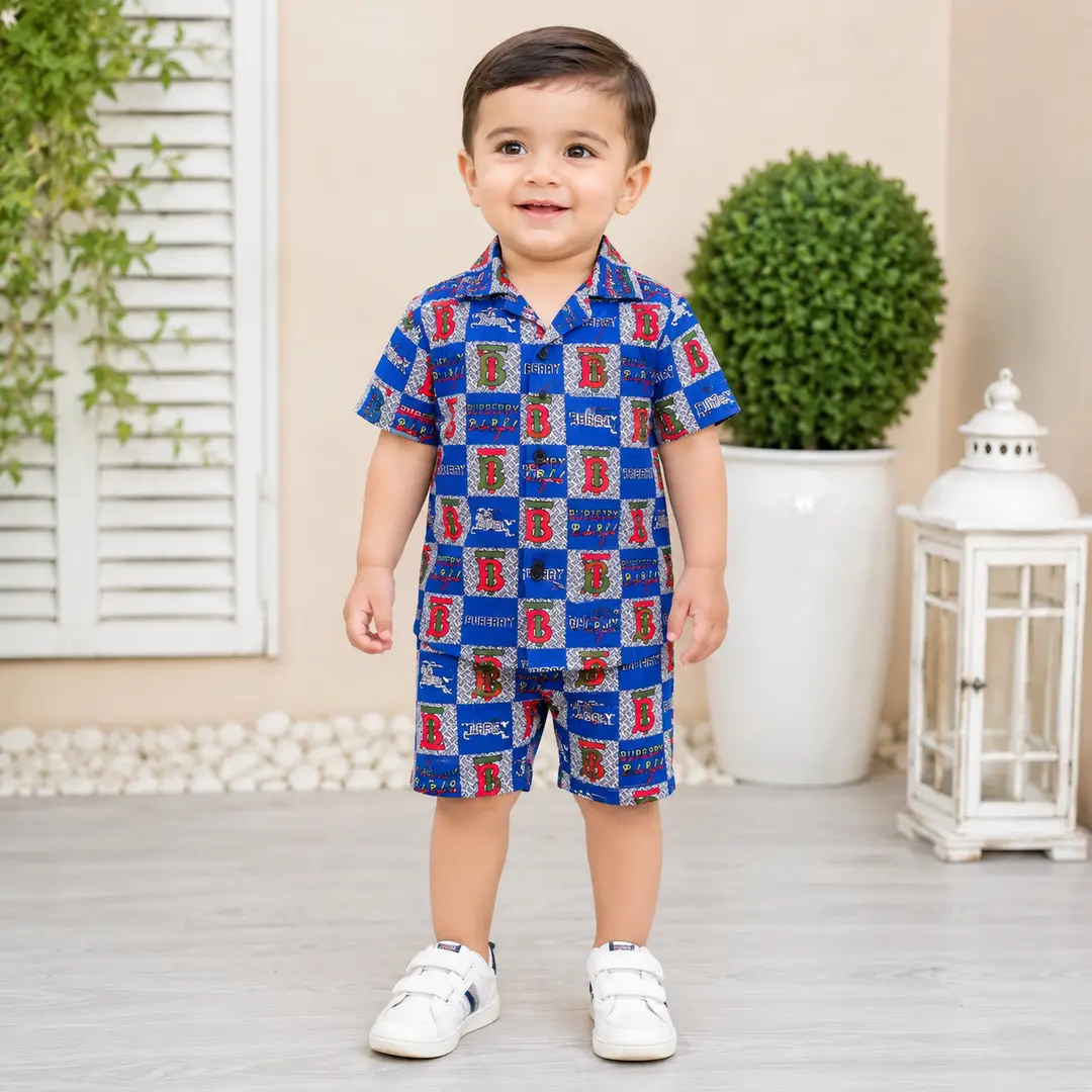2 Pcs Boy's Cotton Lawn Printed Shirt And Shorts Set