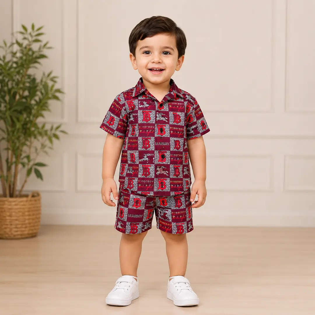 2 Pcs Boy's Cotton Lawn Printed Shirt And Shorts Set