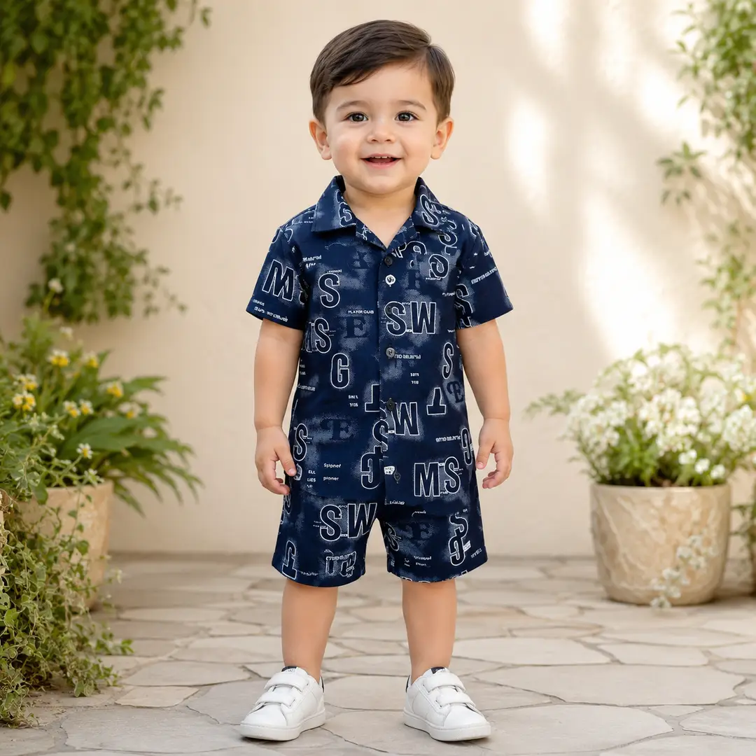 2 Pcs Boy's Cotton Lawn Printed Shirt And Shorts Set