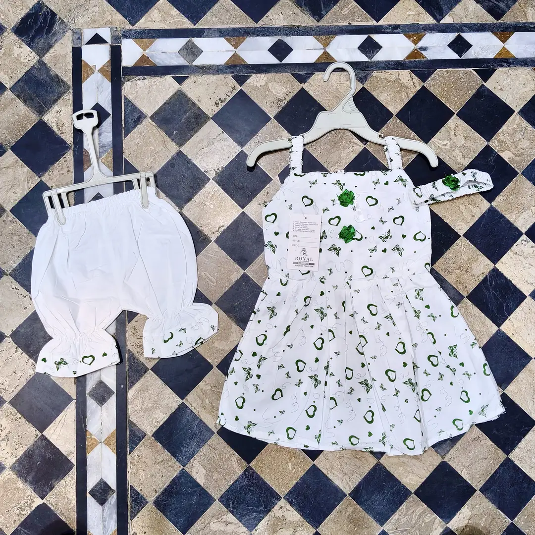 2 Pcs Girl's Cotton Lawn Printed Frock And Trouser Set