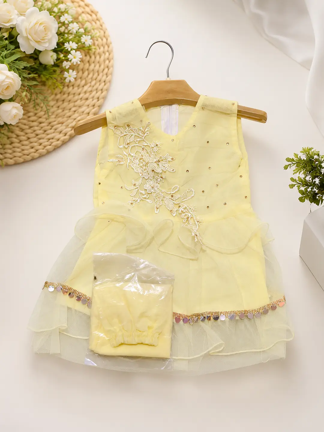 2 Pcs Girl's Fancy Frock And Trouser Set