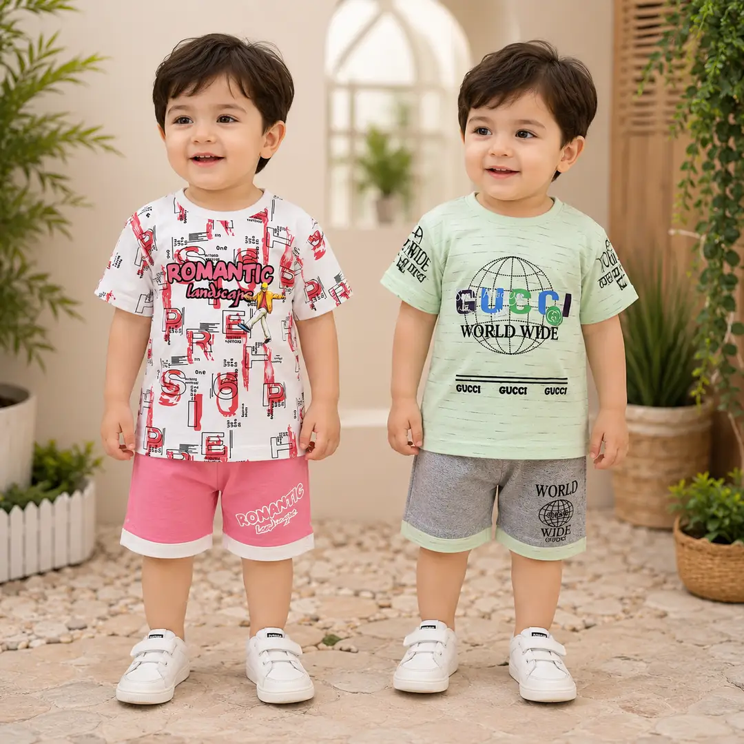 2 Pairs Boy's Printed Shirt And Shorts 2 Set