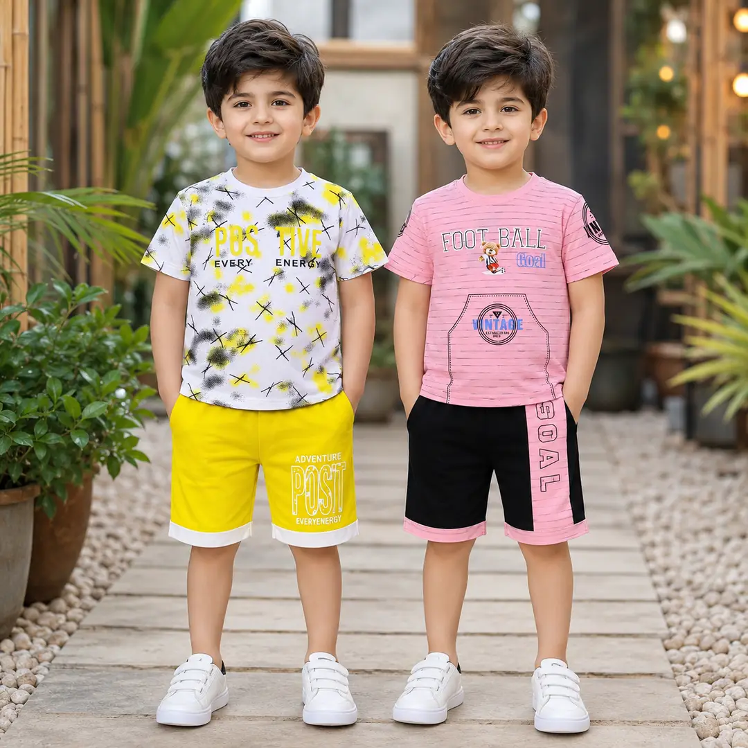 2 Pairs Boy's Printed Shirt And Shorts 2 Set
