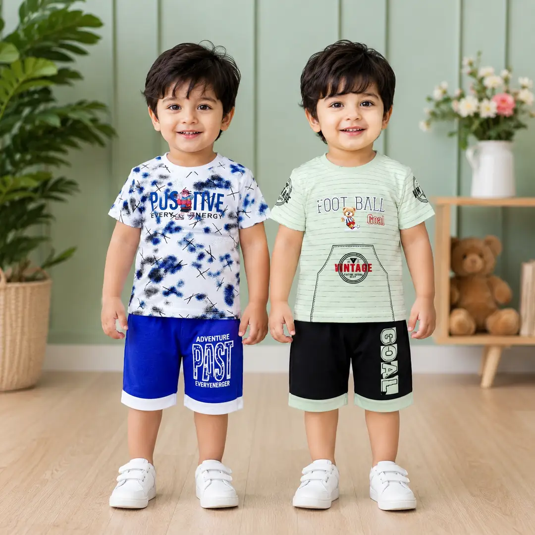 2 Pairs Boy's Printed Shirt And Shorts 2 Set