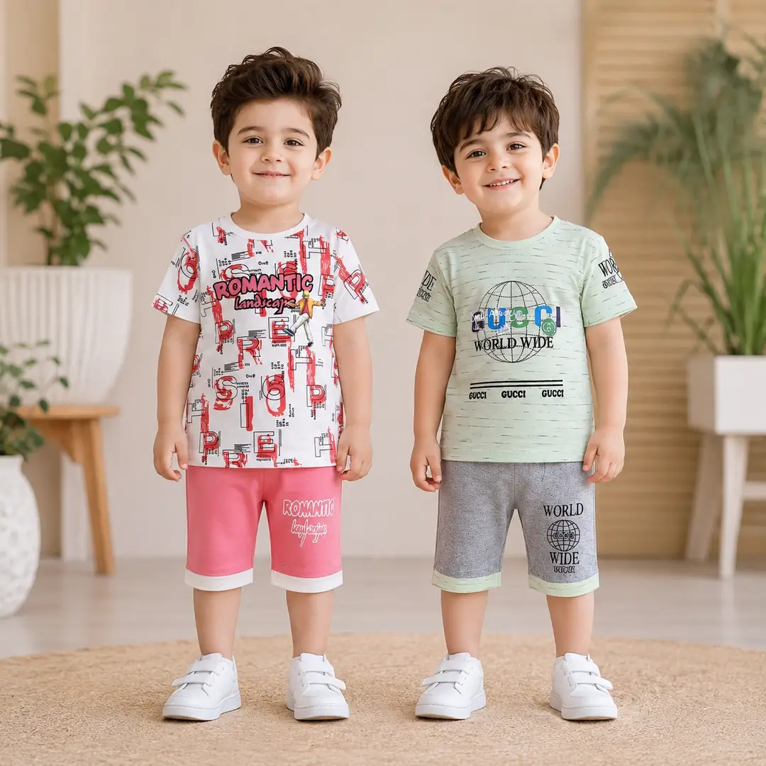 2 Pairs Boy's Printed Shirt And Shorts 2 Set