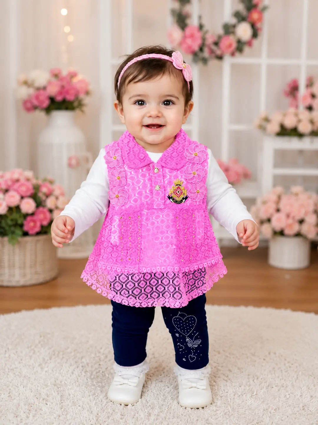 3 Pcs Girl's Embroidered Shirt & Pants Set