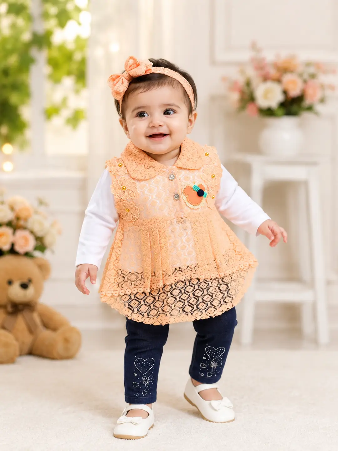 3 Pcs Girl's Embroidered Shirt & Pants Set