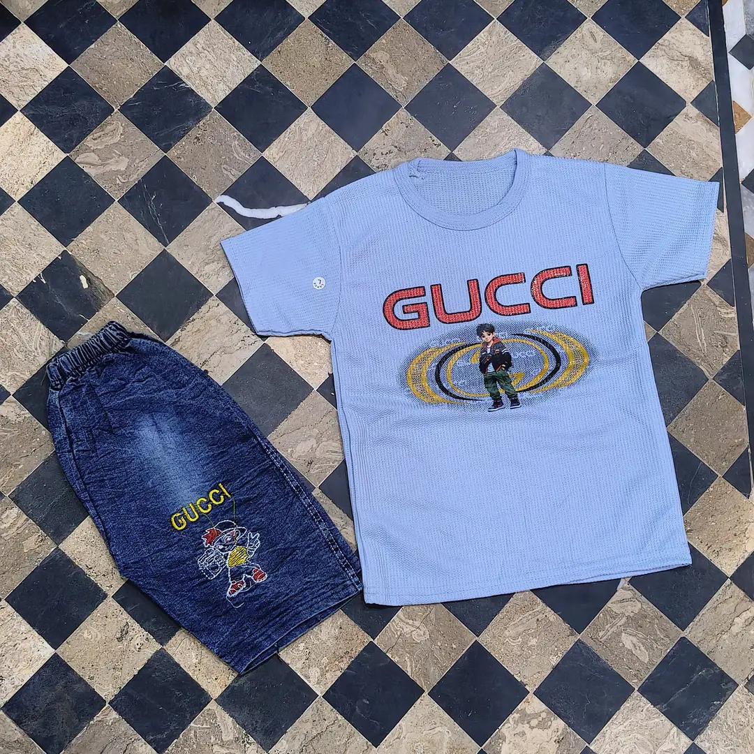 2 Pcs Boy's Printed Shirt And Jeans Shorts Set