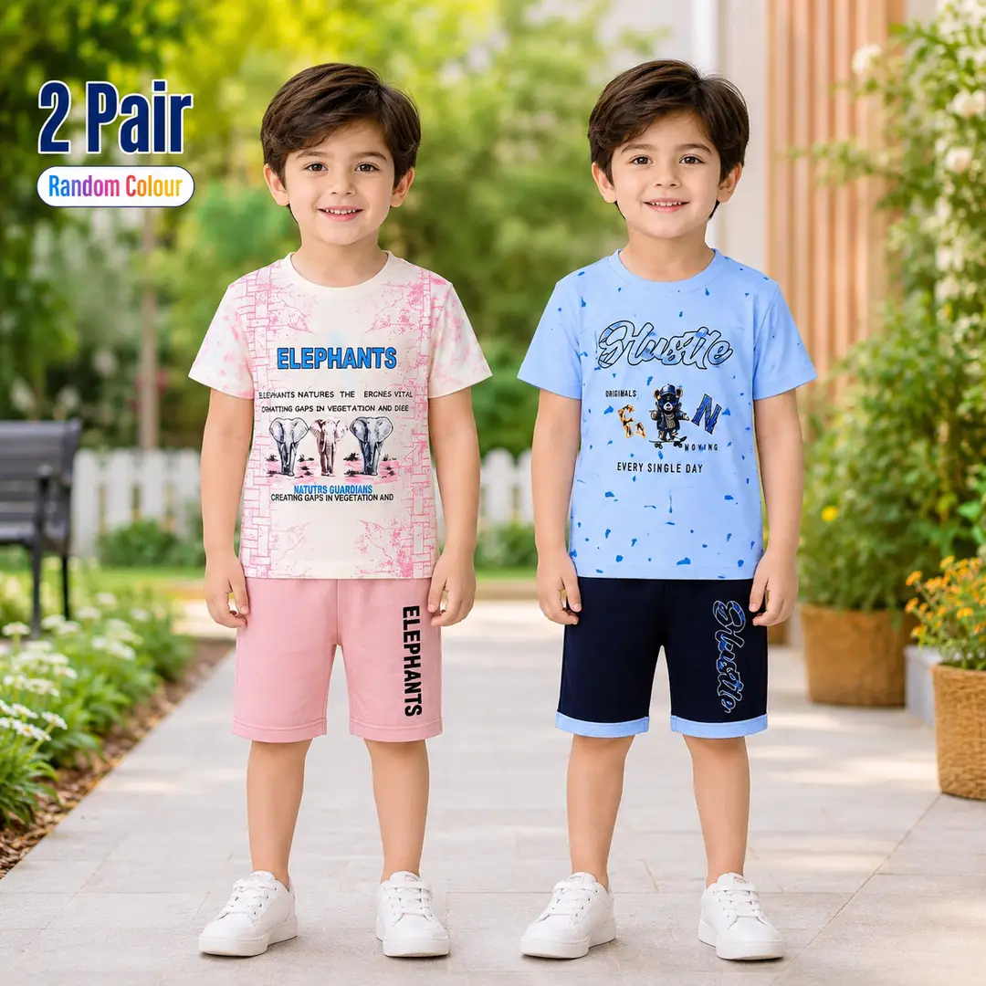 2 Pcs Boy's Cotton Jersey Printed Shirt And Shorts Set