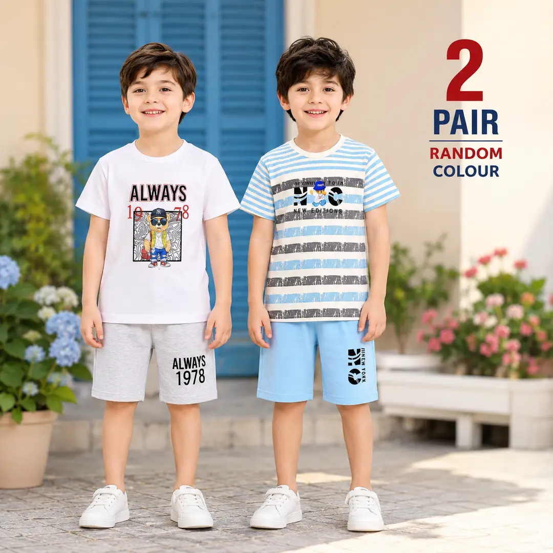2 Pcs Boy's Cotton Jersey Printed Shirt And Shorts Set