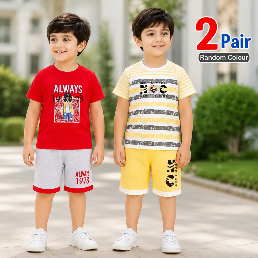 2 Pcs Boy's Cotton Jersey Printed Shirt And Shorts Set