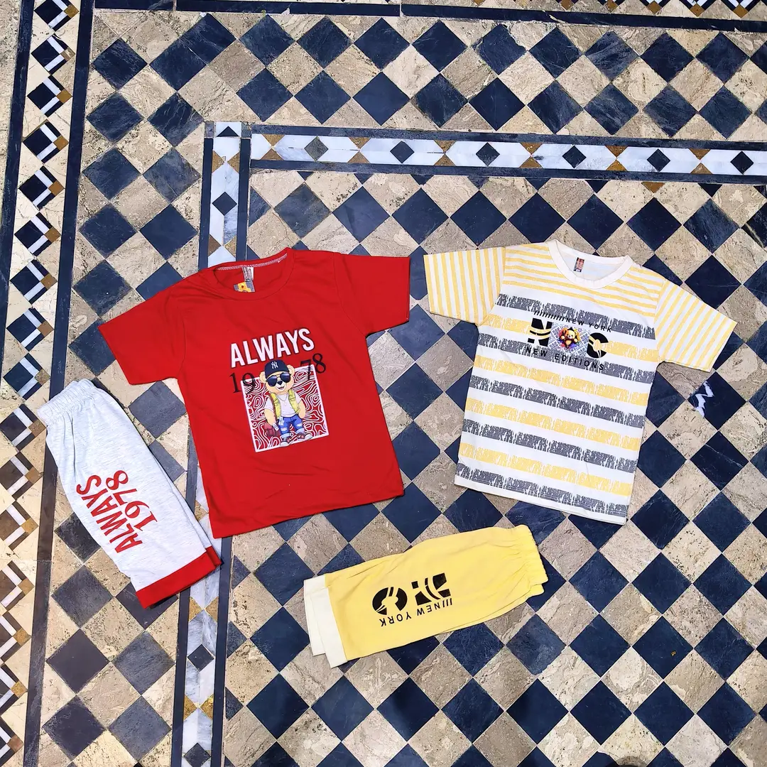 2 Pcs Boy's Cotton Jersey Printed Shirt And Shorts Set