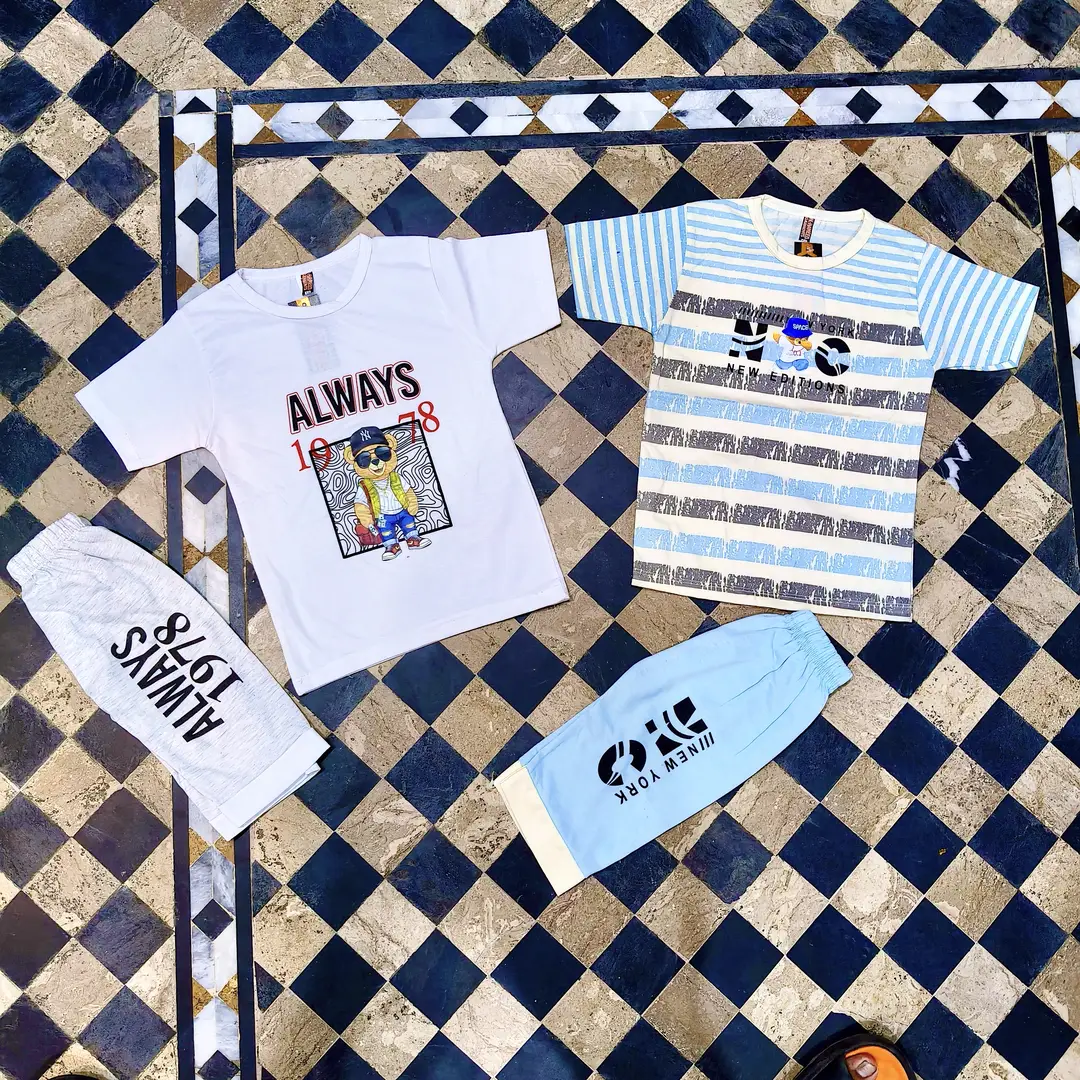 2 Pcs Boy's Cotton Jersey Printed Shirt And Shorts Set