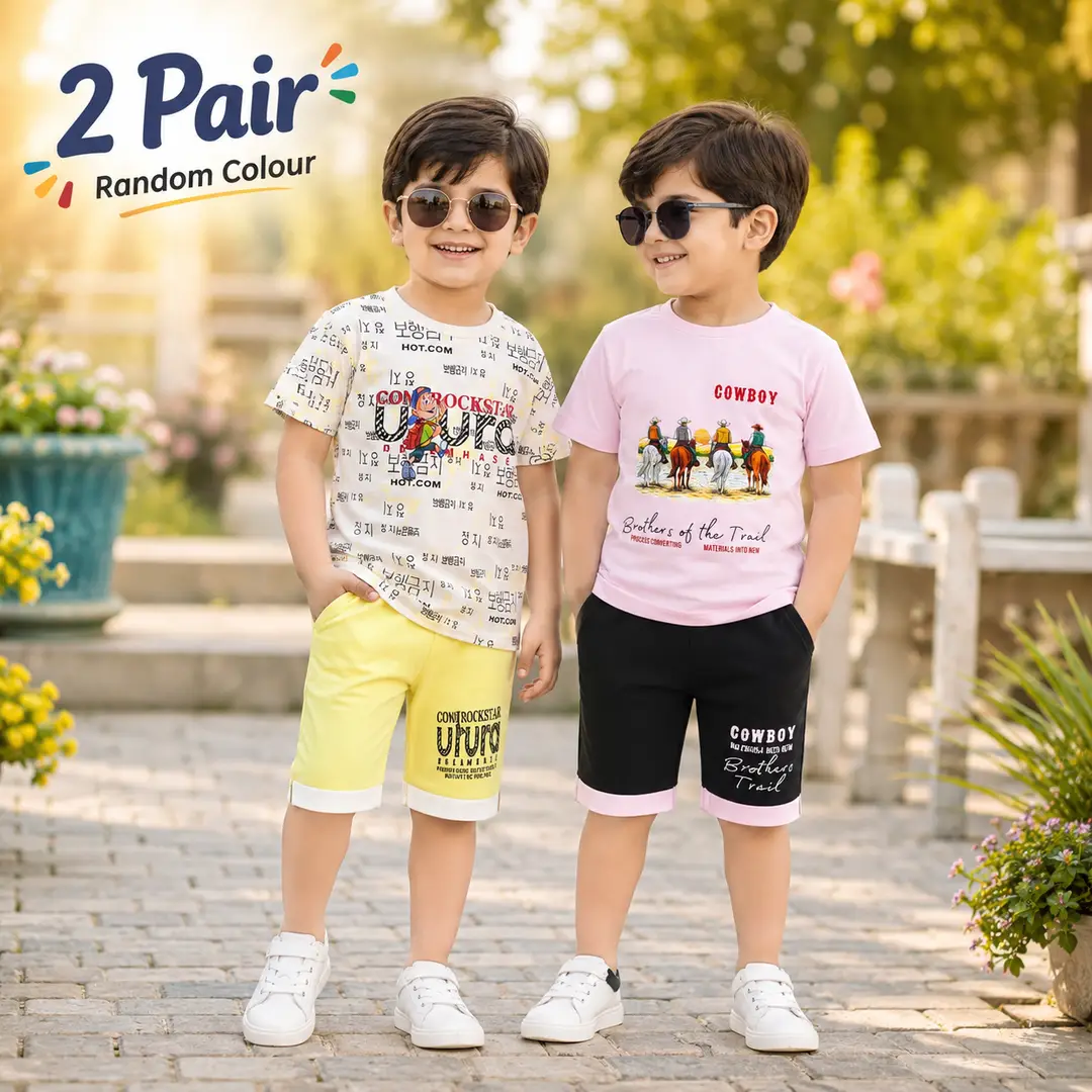 2 Pcs Boy's Cotton Jersey Printed Shirt And Shorts Set