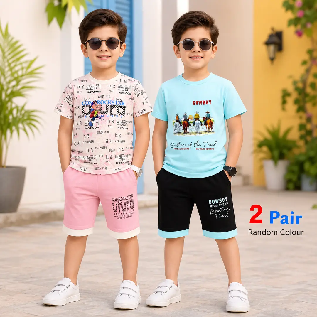 2 Pcs Boy's Cotton Jersey Printed Shirt And Shorts Set