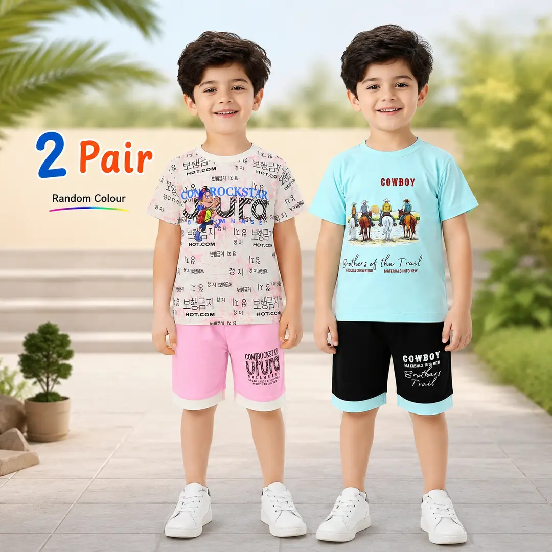 2 Pcs Boy's Cotton Jersey Printed Shirt And Shorts Set