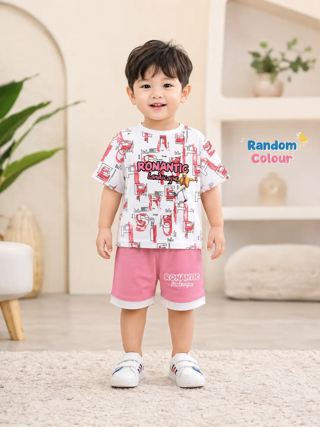 2 Pcs Boy's Cotton Jersey Printed Shirt And Shorts Set