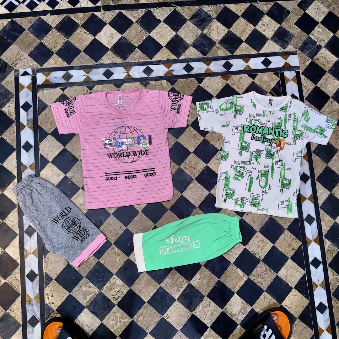 2 Pcs Boy's Cotton Jersey Printed Shirt And Shorts Set