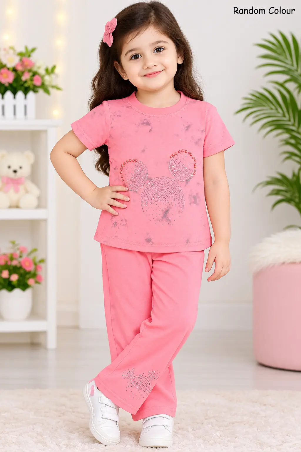 2 Pcs Girl's Cotton Jersey Printed Shirt And Trouser Set