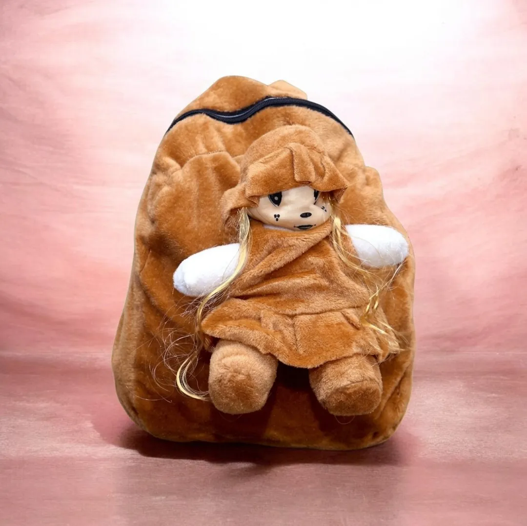 Brown Girl's Polyester School Backpack with Doll Design