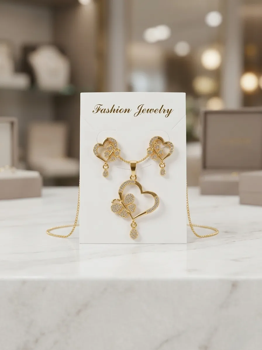 Golden Heart Pendant Earrings Set for Women