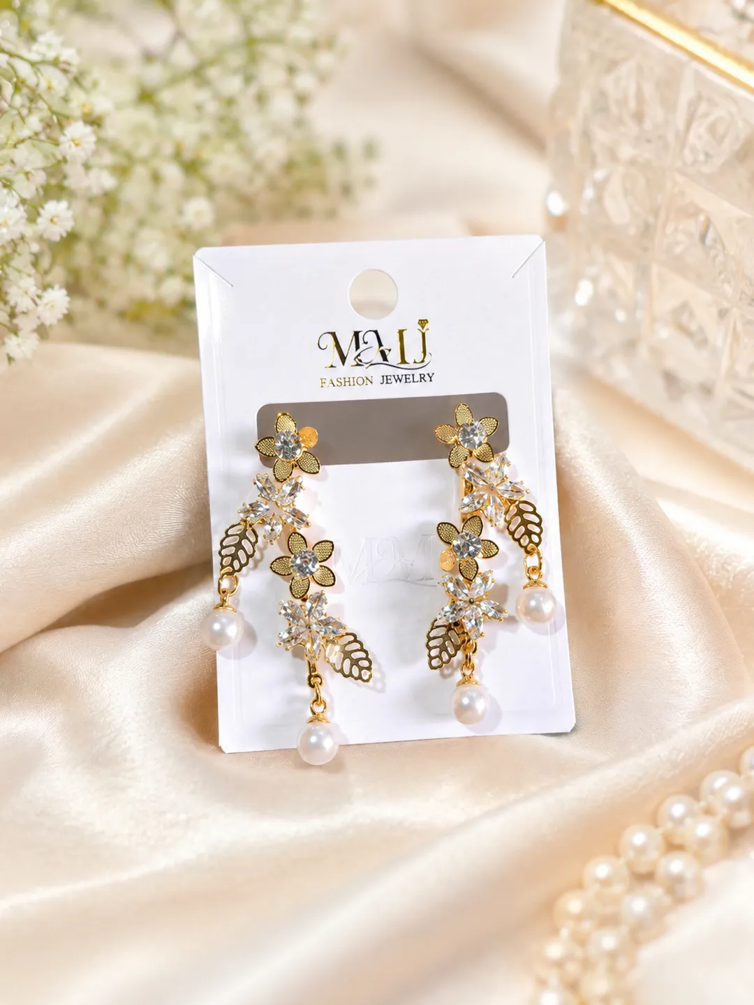 Golden Floral Pearl Earrings for Women