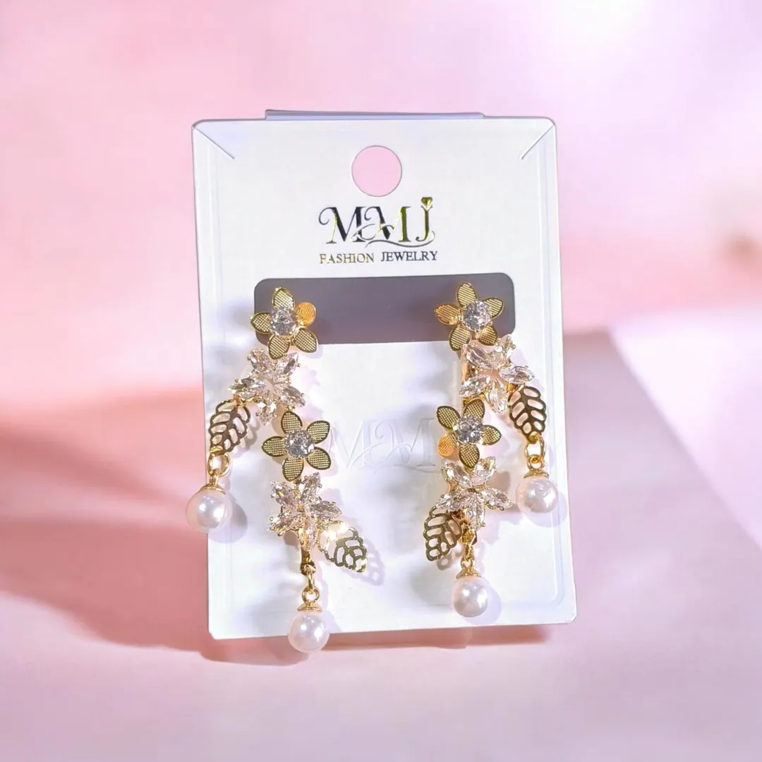 Golden Floral Pearl Earrings for Women