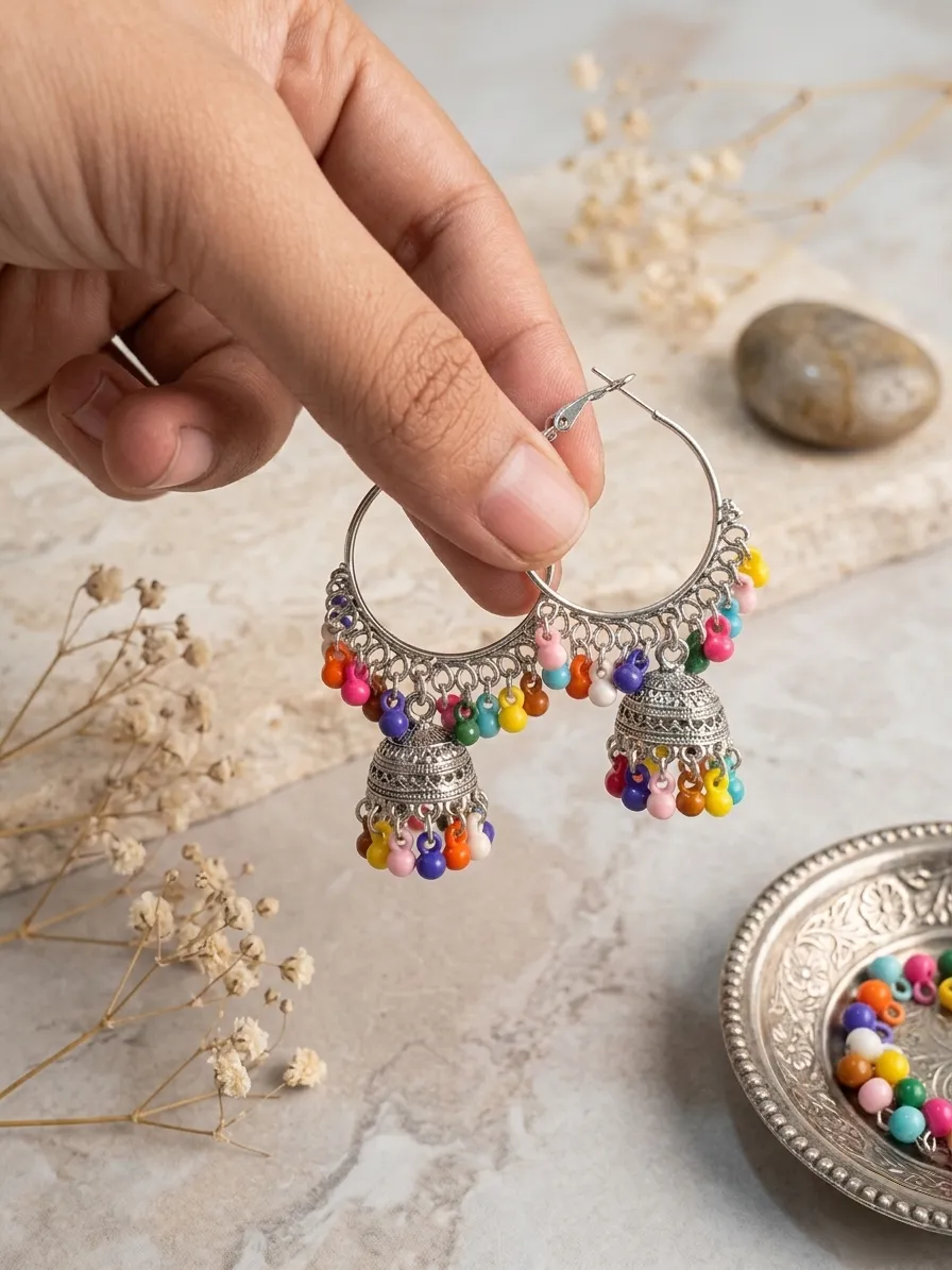 Silver Plated Crystal Jhumka Earrings for Women 2 Pcs