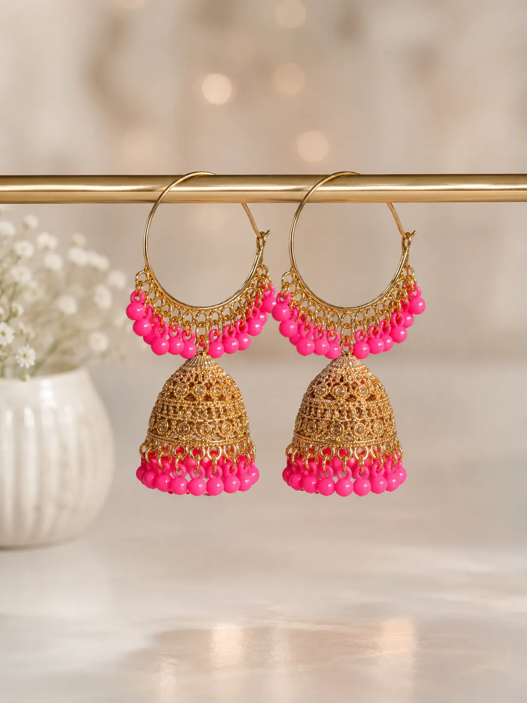 Golden Crystal Jhumka Earrings for Women 2 Pcs