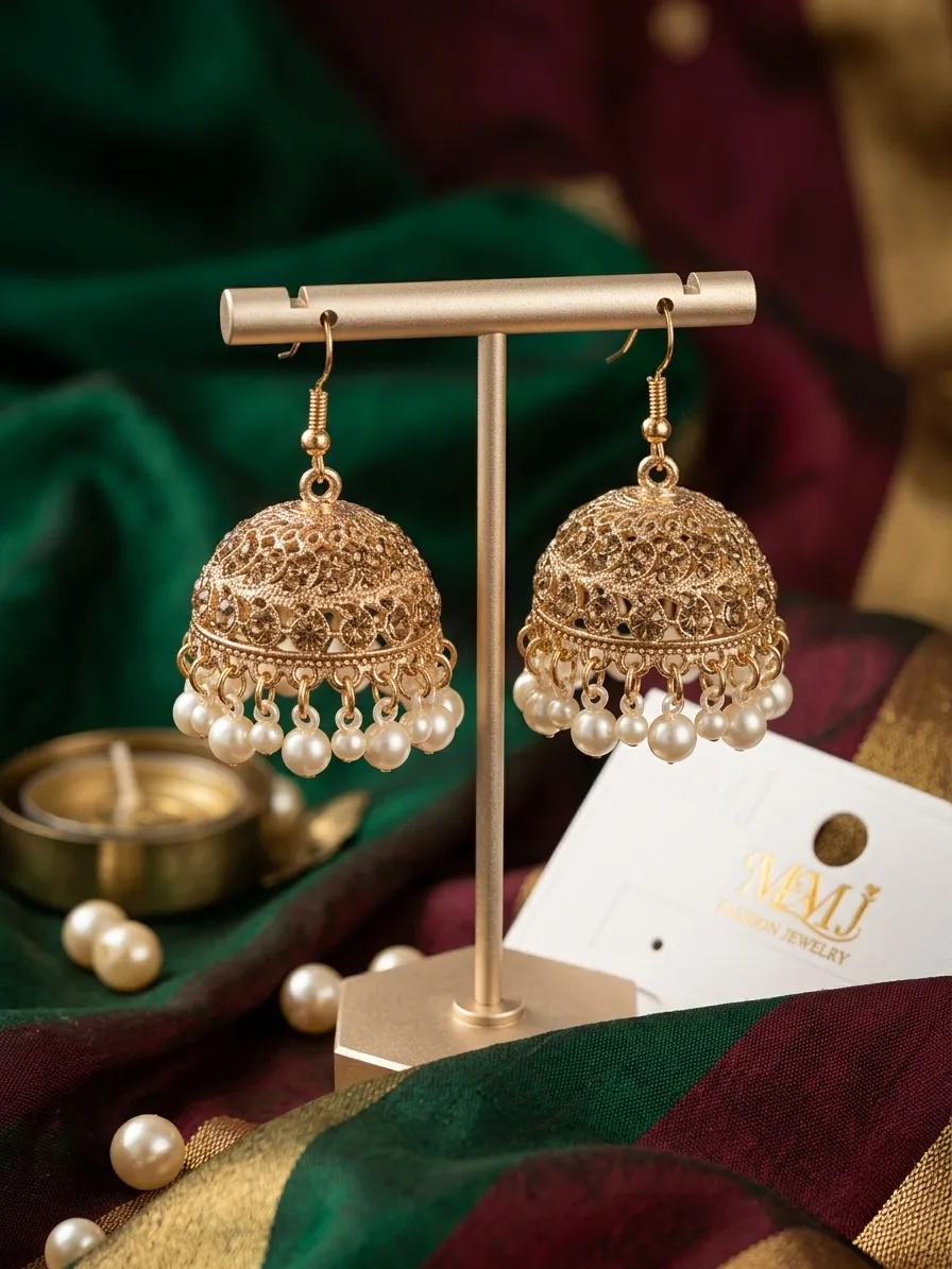 Golden Pearl Jhumka Earrings for Women