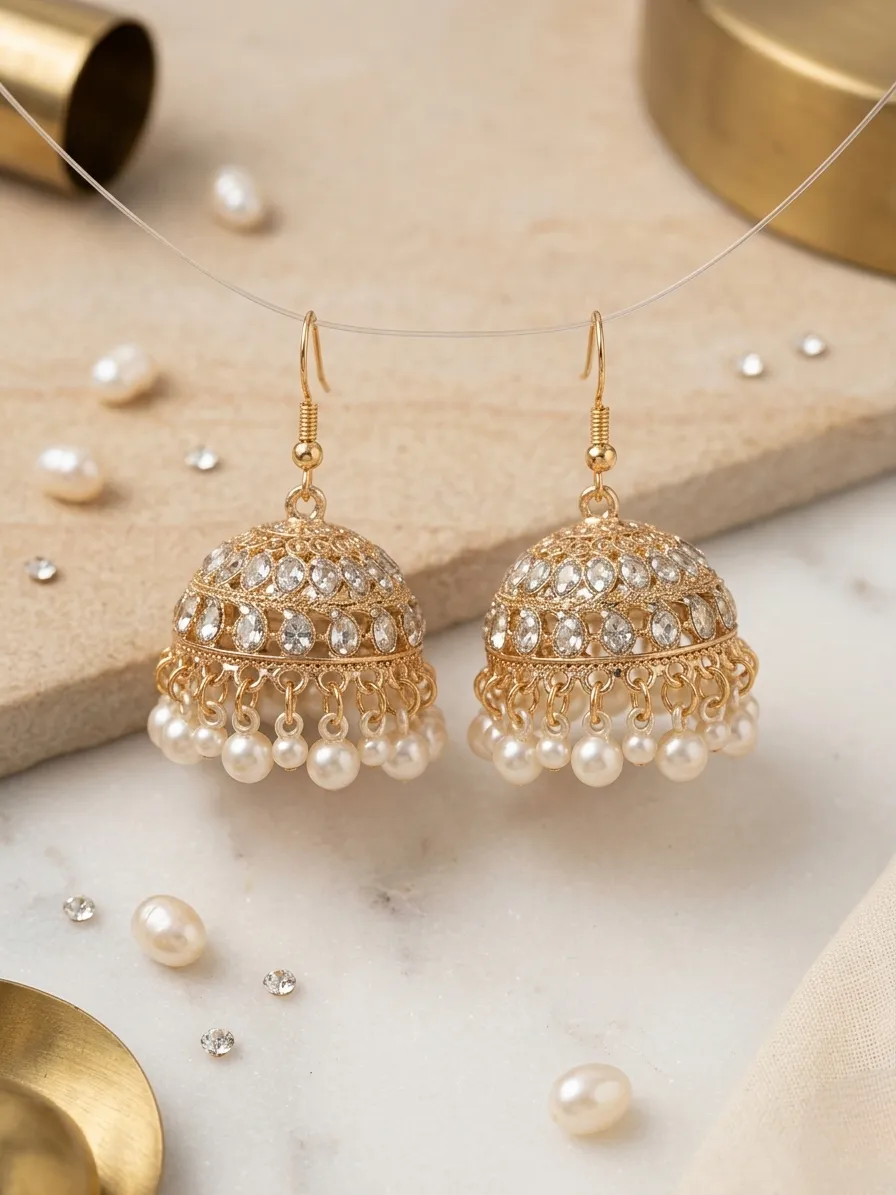 Golden Pearl Jhumka Earrings for Women