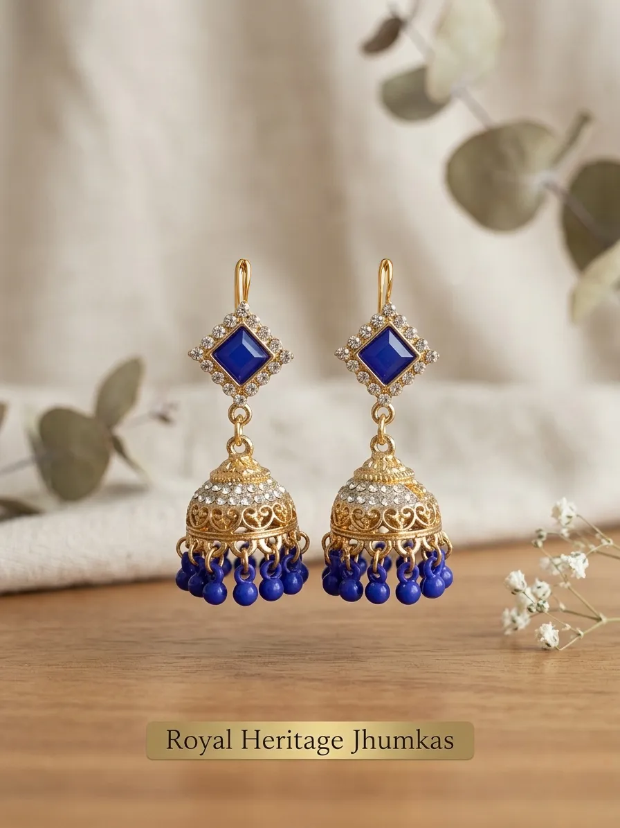 Gold Plated Blue Crystal Jhumka Earrings for Women